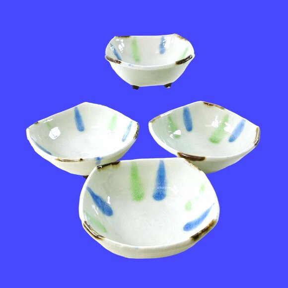 Footed Bowls Dipping Candy Nut Serving Gold Corner Accents Ceramic Set of 4 - Picture 1 of 6